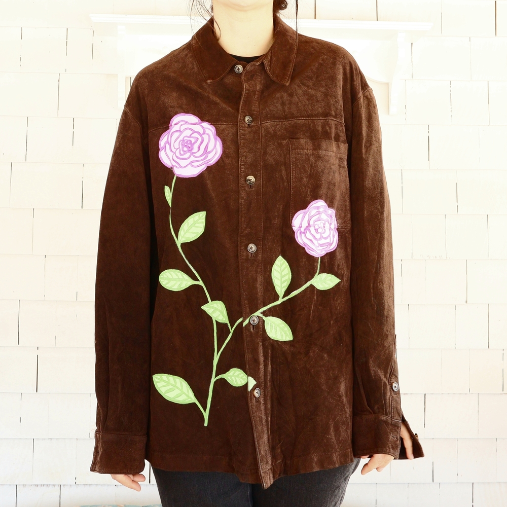 Hand Painted Brown Suede Jacket Flowers XL • 2XL